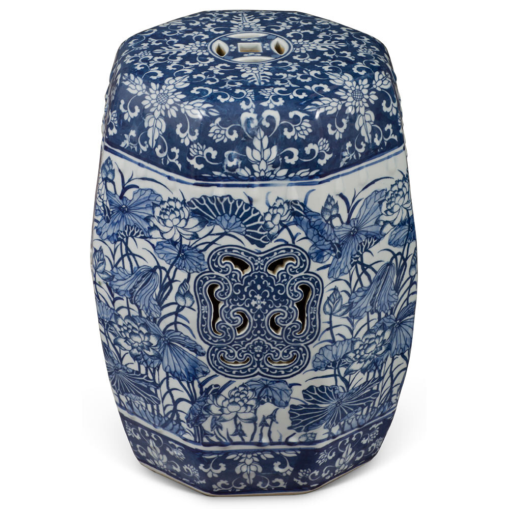 US SELLER Blue White Porcelain Lotus Flower Chinese Octogonal