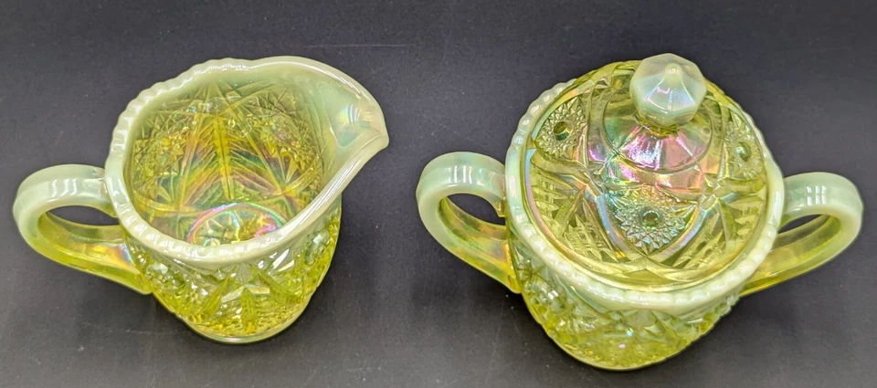 MOSSER URANIO VASELINA VIDRIO OPALESCENTE CREMA Y AZÚCAR PLATO CON TAPA Foto 4 de 4