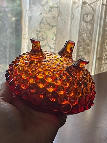 VINTAGE VIKING GLASS AMBERINA HOBNAIL FOOTED VASE FLOWERLITE BASE (NO FROG) - Picture 6 of 8