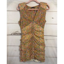 Zara Women Floral Ruched Mini Dress Sleeveless V-Neck Ditsy Orange Yellow S