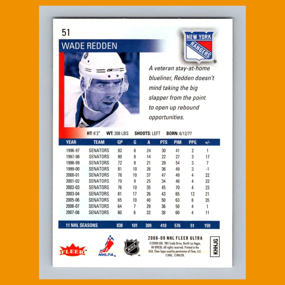 Wade Redden #51 2008-09 Ultra New York Rangers Hockey Card NHL - Image 2 of 3