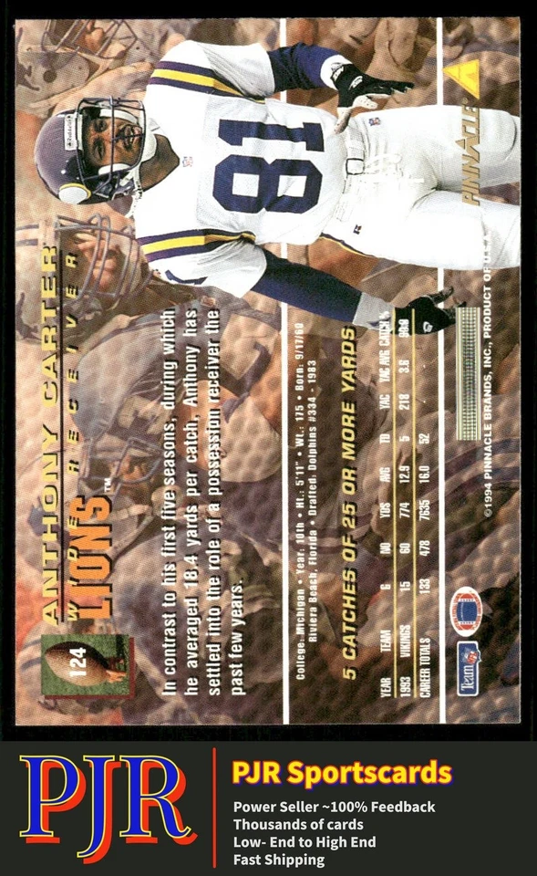 Anthony Carter 1994 Pinnacle #124 Detroit Lions - Image 2 of 2
