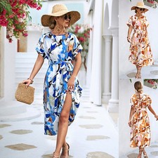 Summer Print Short-sleeved Dress Summer Loose Lace-up A-line Long Dresses Fashio