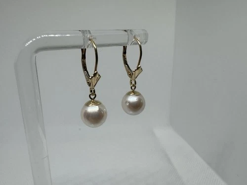 14K Yellow Gold 8MM White Cultured Pearl Dangle Earrings Lever Back, 2.24g