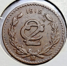 1915 Mexico 2 Centavos Zapata Issue Bronze Coin KM#420
