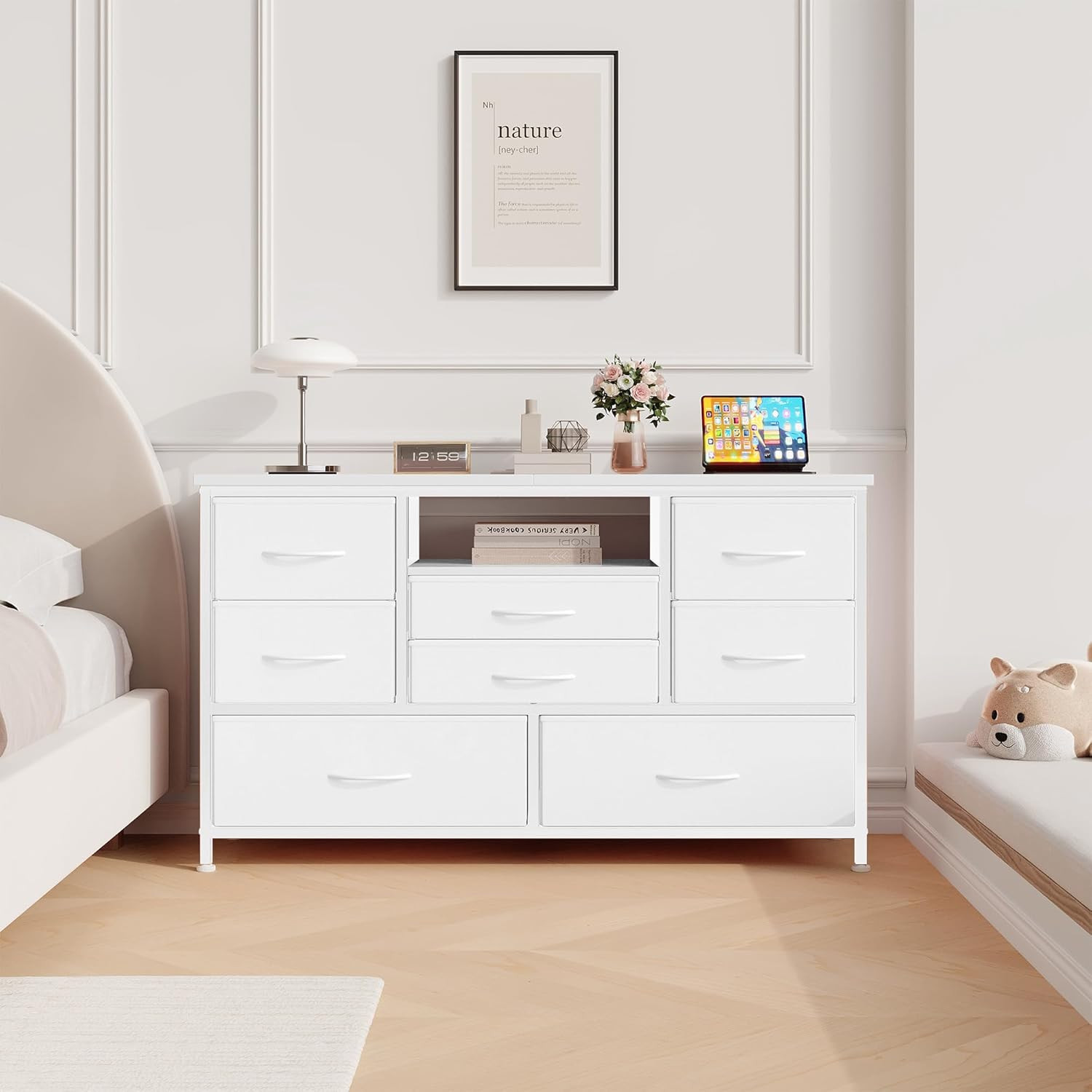 8-Drawer Fabric Dresser with RGB LED & Power Outlet for TV Stand