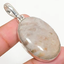 Fossil Coral Gemstone Handmade 925 Sterling Silver Jewelry Pendant 2.17"
