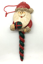 Vintage Polymer Clay Dough Santa on Candy Cane Christmas Ornament