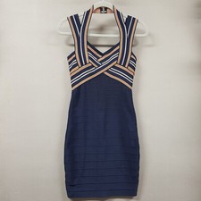 Guess Bodycon Bandage Dress Women's Size Medium Blue Orange Stripe Halter Sexy