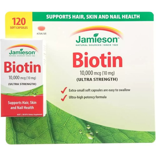 JAMIESON BIOTIN Ultra Strength 10000 MCG 120 Caps (for Hair, Skin & Nails) - Picture 2 of 3