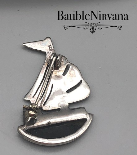 Spilla vintage argento sterling marcasite e onice nera figura barca a vela - Foto 4 di 4