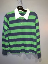 Girls Large 16/18 Vintage Skater Long Sleeve Tshirt, Green Navy Stripe, 1960 MW