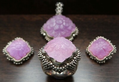 Rare Vintage STEPHEN DWECK Sterling Silver & Carved Pink Quartz Jewelry Set