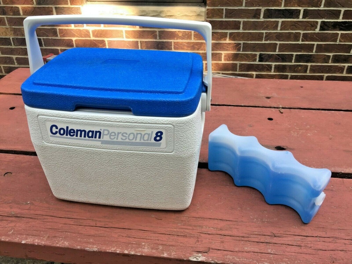 VINTAGE COLEMAN PERSONAL 8 COOLER 5272 WHITE/BLUE CUP HOLDER LID 7