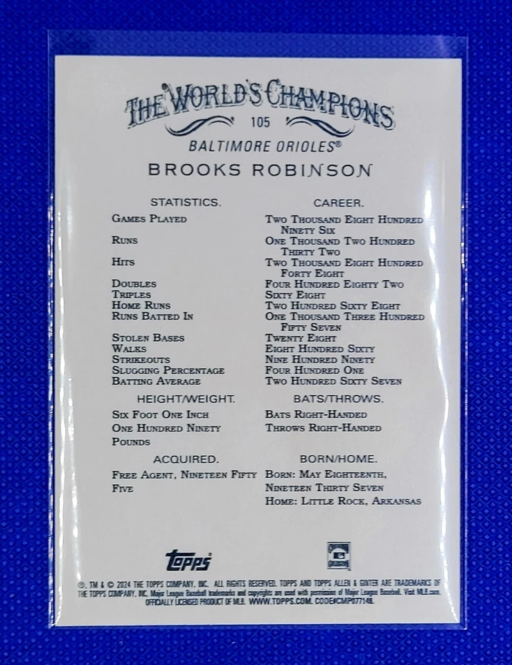 2024 Topps Allen & Ginter Foil Filagree Brooks Robinson (#105) Orioles SP - Image 2 of 2