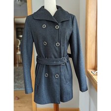 Nine West Womens Gray Long Trench Coat Double Breasted Belted Waist Lined Size M