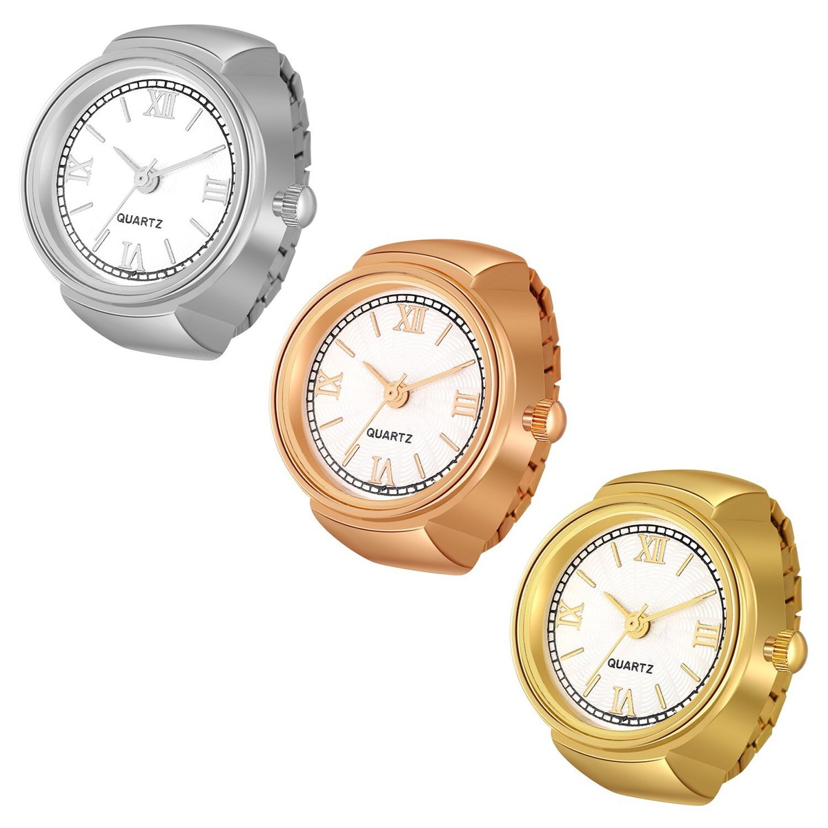 Unisex Gold Quartz Dial Roman Numeral Adjustable Open Band Finger Ring Watch Gold Finger Ring Watch, Adjustable Quartz Timepiece Ring  main image 3