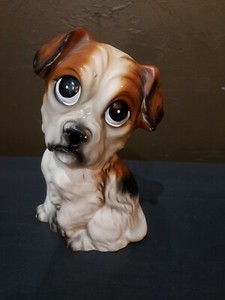 Vintage BIG EYES Puppy Dog Ceramic Figurine NORLEANS, Brown, White & Black
