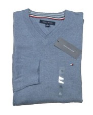 Tommy Hilfiger Men's Medium Cloud Blue Solid V-Neck Cotton Pullover Sweater