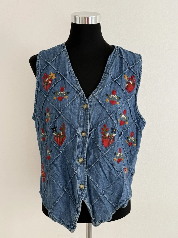 Vintage Jeans Weste Stickerei Herzen Blumen Denim Boho 90s Hippie Gr M - Bild 2 von 4