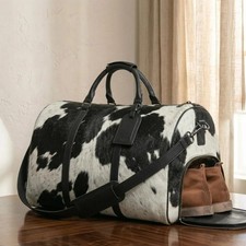 Genuine Cowhide Leather Duffel Bag Men's Weekender Travel Gym Bag Black White