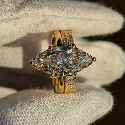 4.25CT Marquise Cut Moissanite Bridal Set Engagement Ring 14k Yellow Gold Plated