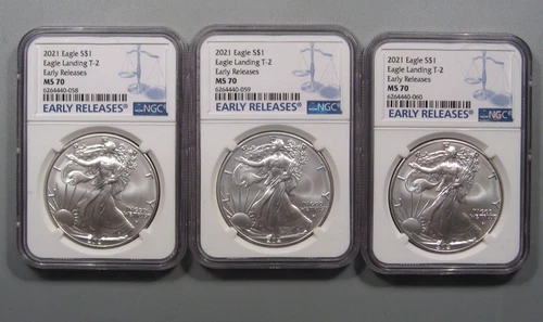 3 Consecutive Serial Number 2021 T-2 Silver American Eagle NGC MS70 ER. #103