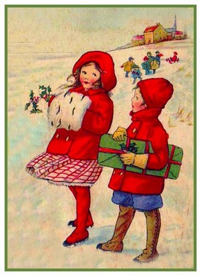 Christmas Scene # 810 Boy Girl Presents Snow Counted Cross Stitch Pattern