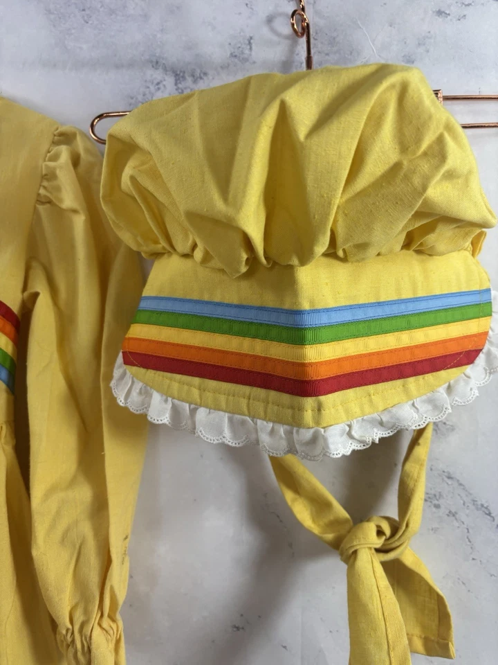 Vtg 70s 60s Prairie Dress girls sz 10 Youth Cottagecore Bonnet 2 Pc Set Yellow - Image 4 of 4