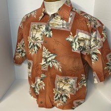 PIERRE CARDIN Hawaiian Shirt Short Sleeve Rust Orange Palm Tree Cotton Size L