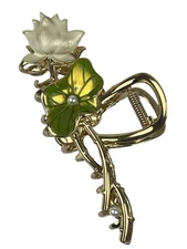 Hair Claw Hair Clip Large gold metal crystal White Lotus flower and leaf shaped