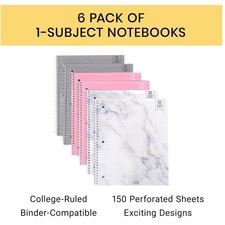 6-Pack College Ruled Spiral Notebooks - Pink, Gray  Marble