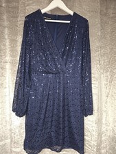 Size Large Eilly Bazar Navy Blue Sparkly Sequin Long Sleeve Mini Wrap Dress
