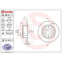 Bremsscheibe Brembo 08.D616.11, Hinten, Voll, 1 StüCk