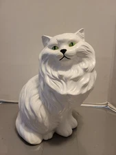 Vintage MCM Persian Large White Ceramic Cat  Green Eyes Sitting Statue Dexter 