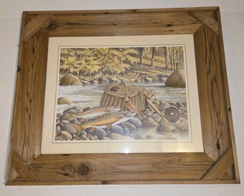 R. Jenkins "Forelle & Creel" 3D Papier Tole Fliegenfischen Druck gerahmt 22x26