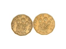 Keydate 1949 & 1946 George VI Brass Threepence Coins 