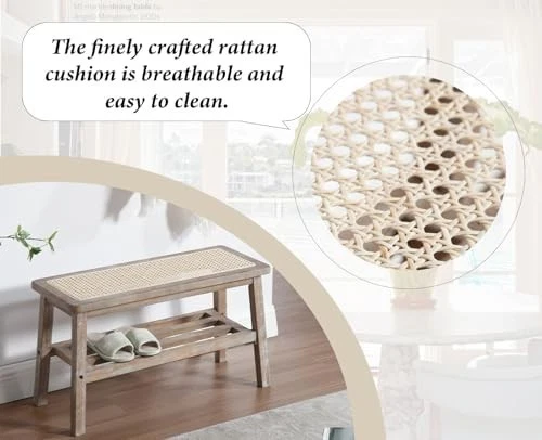 Natural Rattan Dining Bench with Solid Wood Legs Entryway Shoe Storage Ottoman - Image 3 of 4