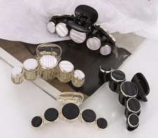 4 Pc Hair Clips Shark Claw Circle Black White Faux Shell Gold Metal Edging NEW