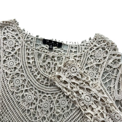 MAK Clothes Women s S Cream Lace Crochet Knit Doily Long Sleeve Sheer Top MK7017