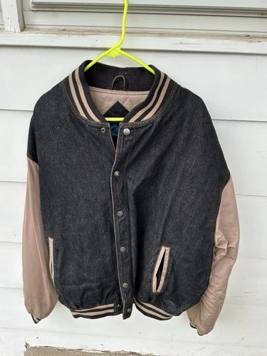 Vintage-style Tri-Mountain black denim varsity jacket - product listing photo
