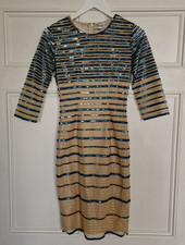 ALICE BY TEMPERLEY Sequin Stripe Metallic Tulle Shift 3/4 Sleeves Dress Size 8
