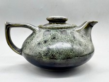 VINTAGE STUDIO POTTERY STONEWARE TEAPOT GREEN GREY SPECKLED GLAZE LIDDED MCM ART