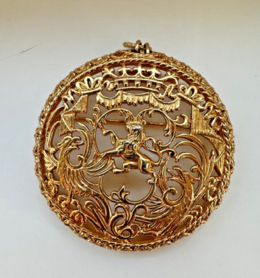 Napier Eugene Bertolli Heraldic Brooch Phoenix Lion Gold Tone Large 2.5'' Vintage