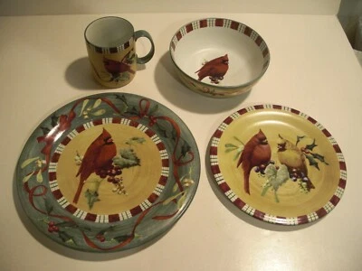 MINT 4pc Sets of LENOX Winter Greetings Everyday Cardinal Dinner/Lunch/Bowl/Mug