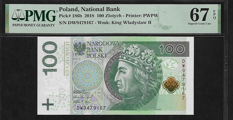 Poland 100 Zlotych 2018 PMG 67 EPQ UNC Series DW King Wladyslaw II Jagielo