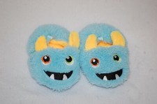 Baby Boys FURRY MONSTER SLIPPERS Light Blue w/ Yellow Horns SIZE 2 3 4 5 6