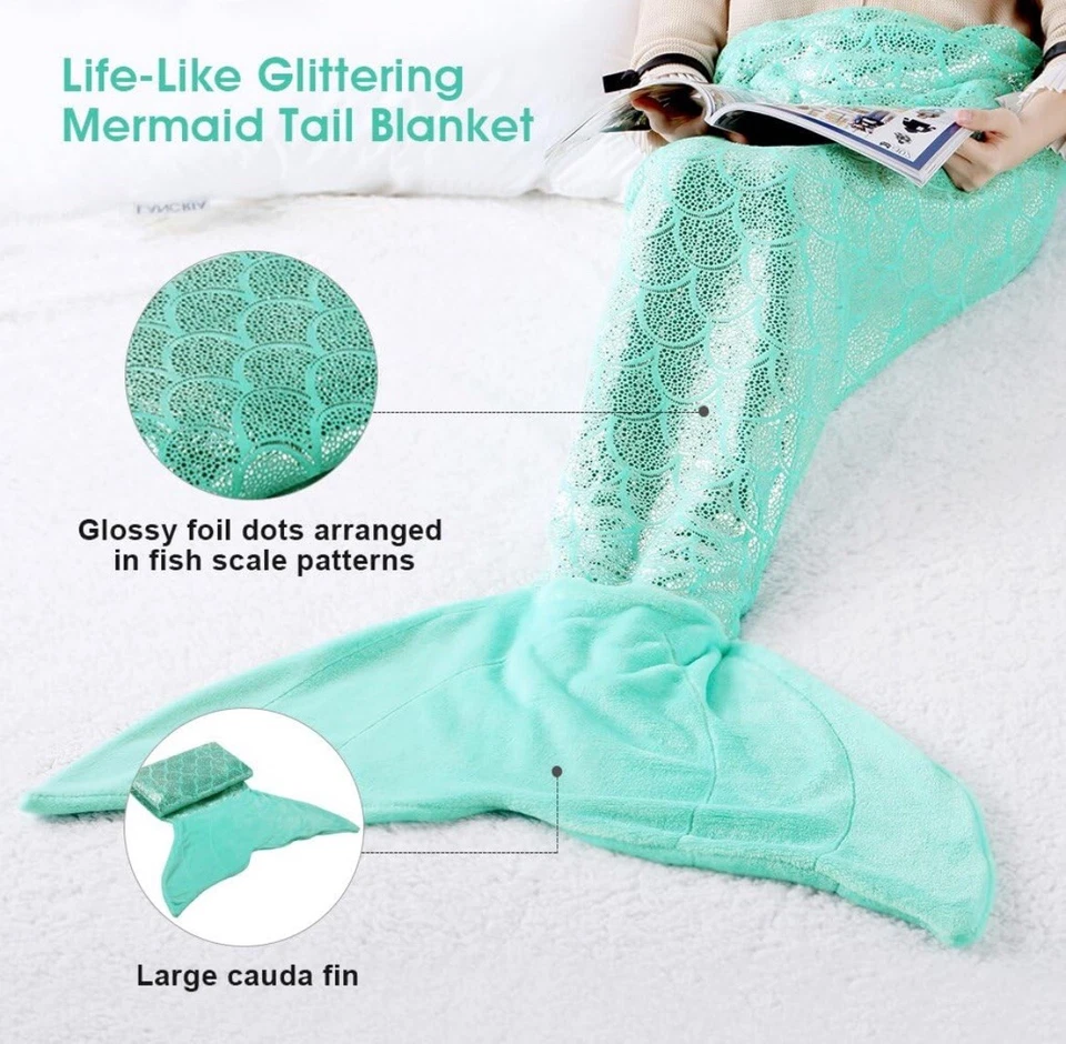 Mermaid Tail Green Large Glitter Shimmer Blanket Kids Adults Flannel Soft Girls - Image 4 of 4