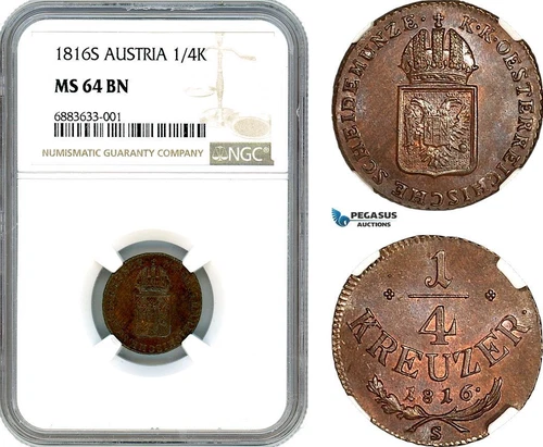 AJ709, Austria, Franz II, 1/4 Kreuzer 1816 S, Smolnik Mint, NGC MS64BN