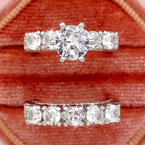 2pcs/set Women Classic 925 Silver Filled Ring Cubic Zirconia Jewelry Size 6-10 - Picture 5 of 11